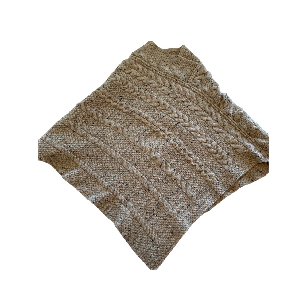 Arancrafts Ireland Merino Wool Cable Knit Poncho Oatmeal Flecked Donegal Tweed M